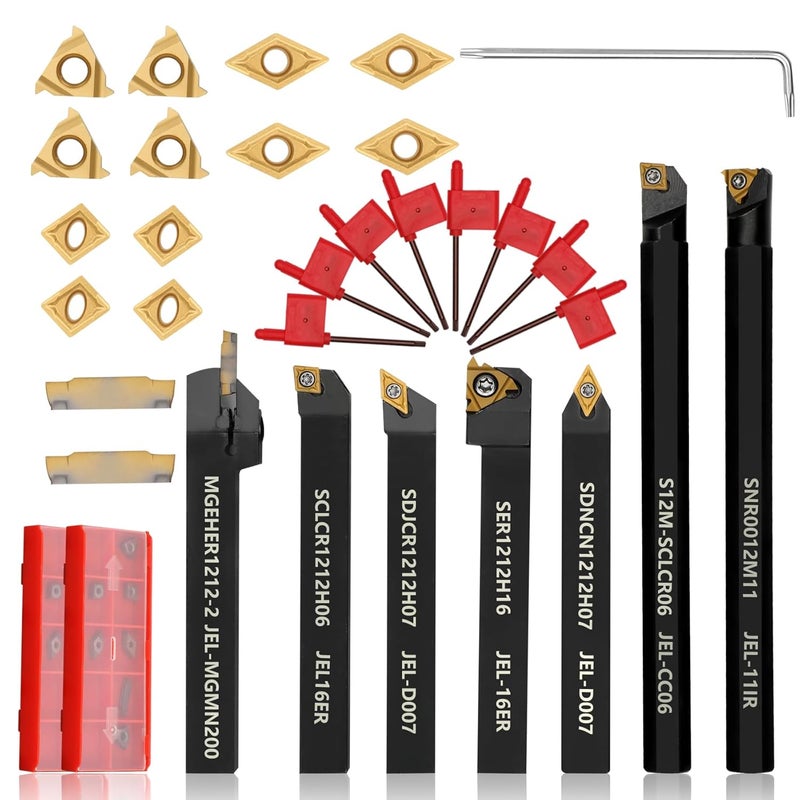 Joogto Indexable Lathe Turning Tool 21Pcs Kit 1/2'' 12mm Shank 7 Pcs Metal Lathe Tool Holder Set with 14 Pcs Turning Inserts for Turning Grooving Threading Boring Carbide Inserts Carbide Turning Tool - Image 1